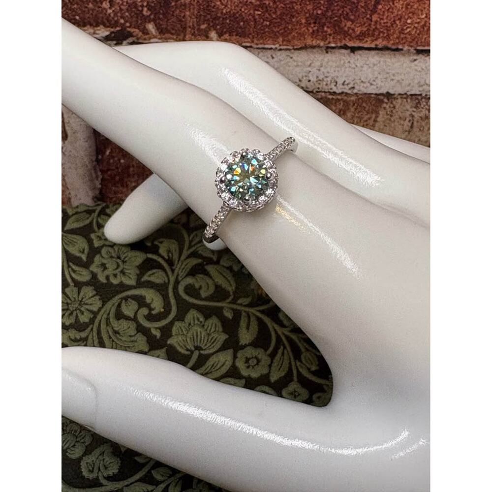 1 Carat Round Green Moissanite Halo Ring 925 Sterling Silver GRA Size 9